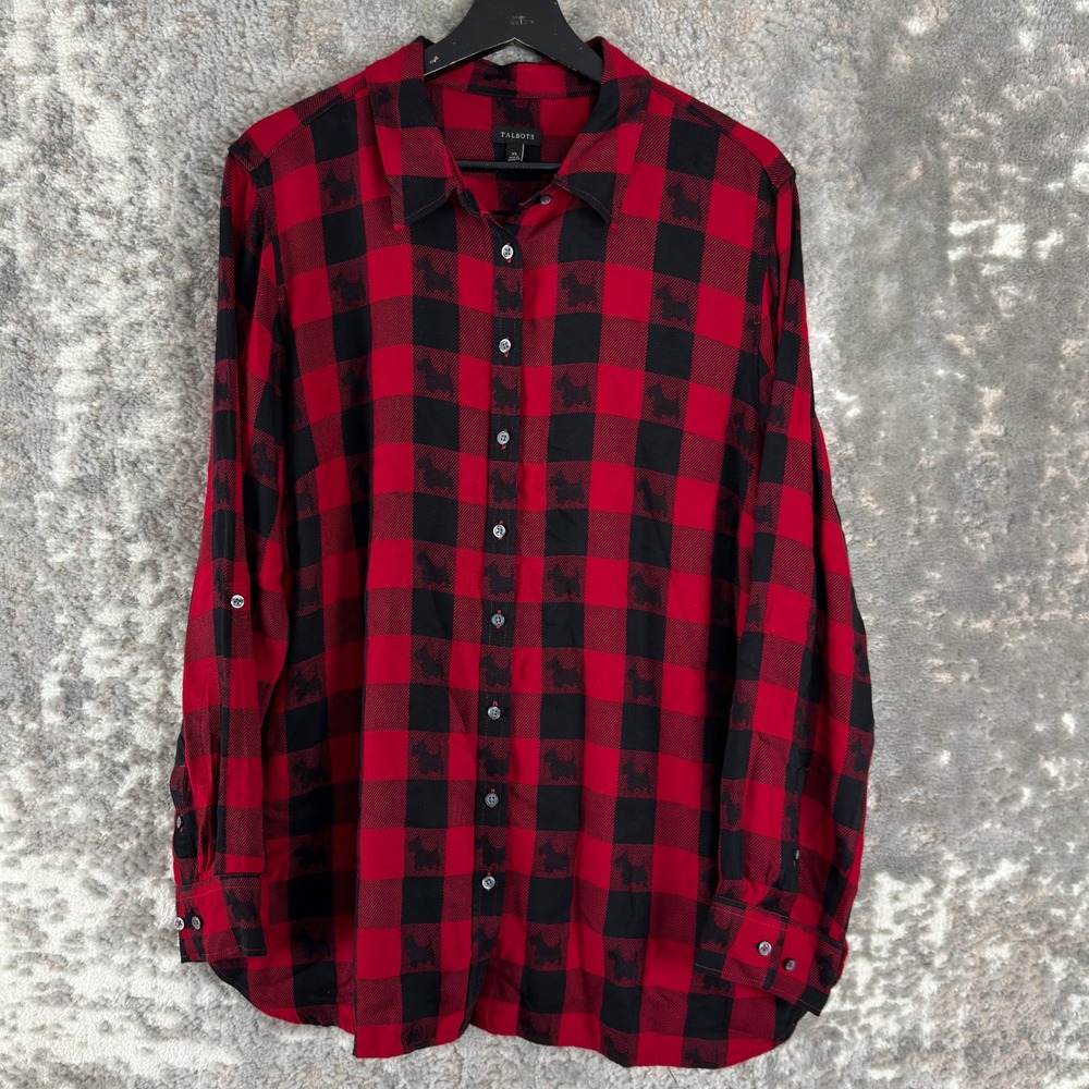 Talbots Sz XL Buffalo Plaid Scottie Dog Print Button Front Shirt Red Long Womens